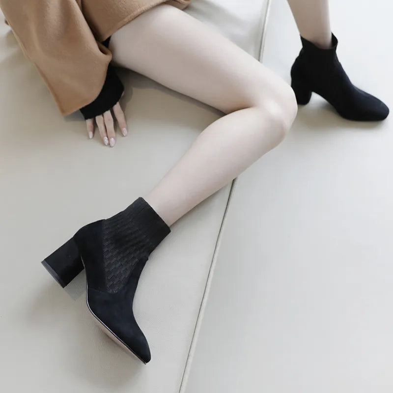 Pointed Ankle Boots Winter Women Casual Chelsea Boots Women Medium Heel Knitted Sock Boots Women Faux Suede Female Heels