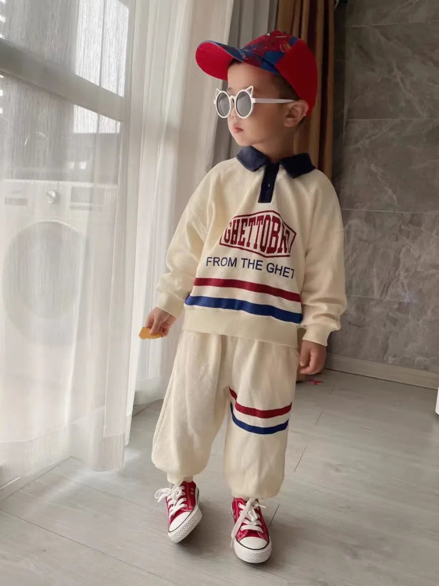 Korean Kid Set Baby Boy Suit Spring Autumn Fashion Letter Print Baby Girls 2pcs Outfits Clothes Lapel Cotton Sweater + Pant