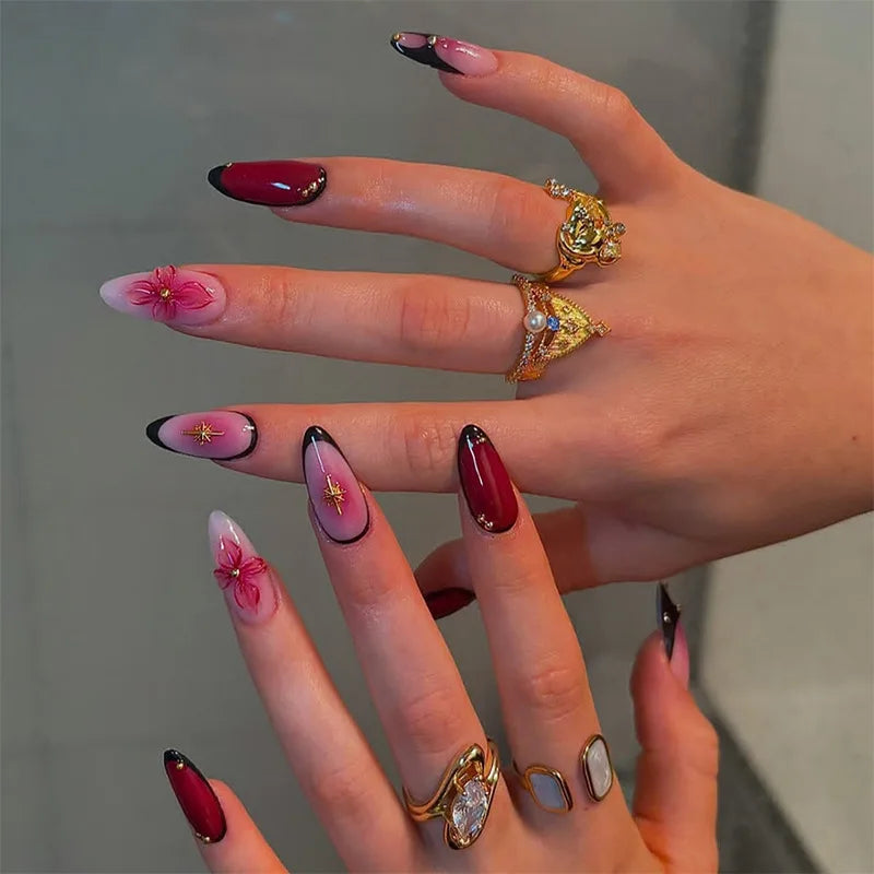 24Pcs Mid-length Blue Almond False Nails with 3D Shell Design Press on Nails Tips Butterfly Flower Pattern Datachable Fake Nail