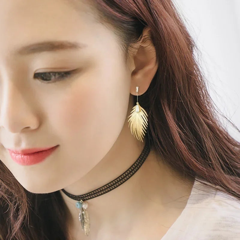 Women Alloy Exaggeration Heart Leaf Earrings Trendy Pearl Feather Charming Dangler