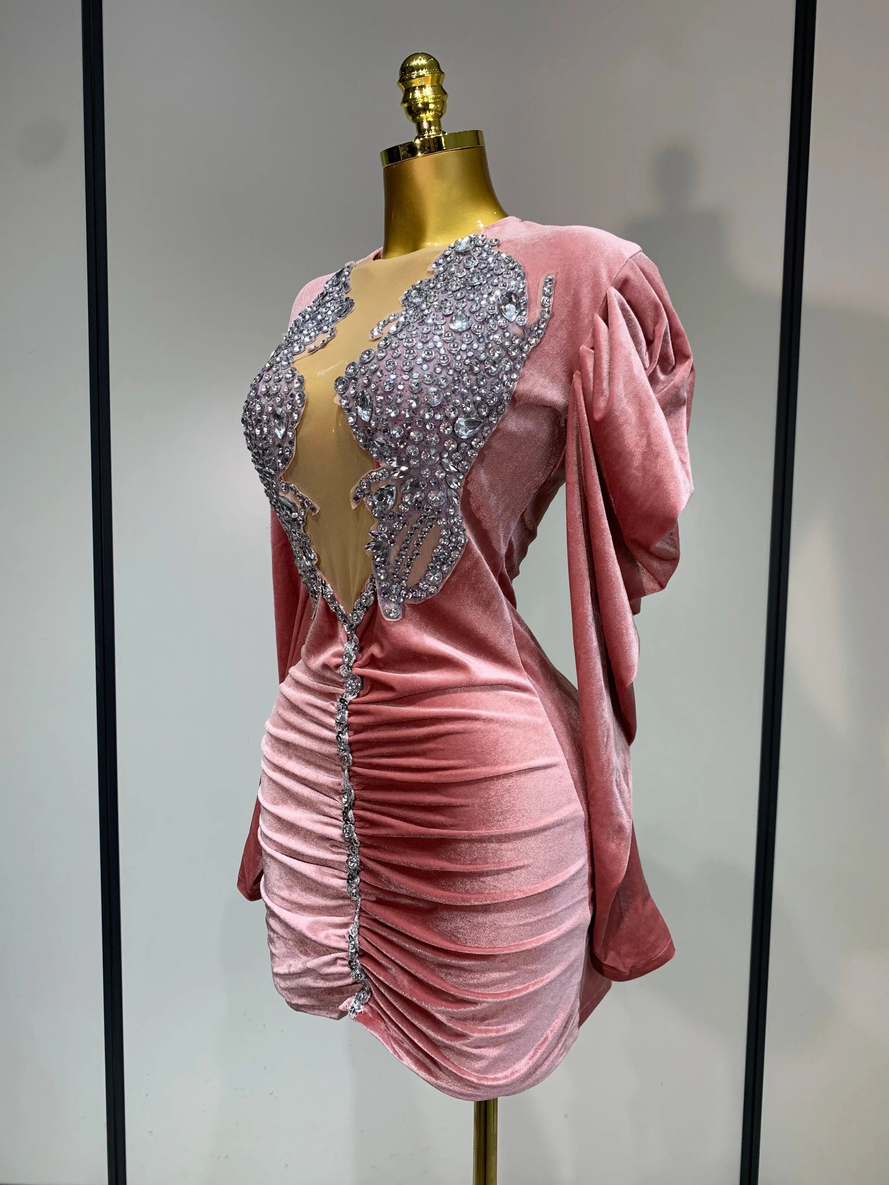 Luxury Birthday Dress Sparkly Crystals Sexy Mesh Velvet Short Dress Women Elegant Evening Party Nightclub Stage Costume