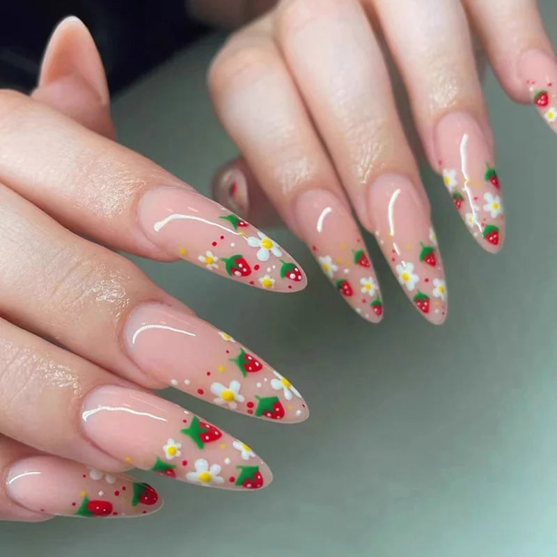 24pcs Pink Frosted Sweet False Nails Colorful Fruit Printed Long Stiletto Press On Nails Full Cover Charming Dopamine Fake Nail