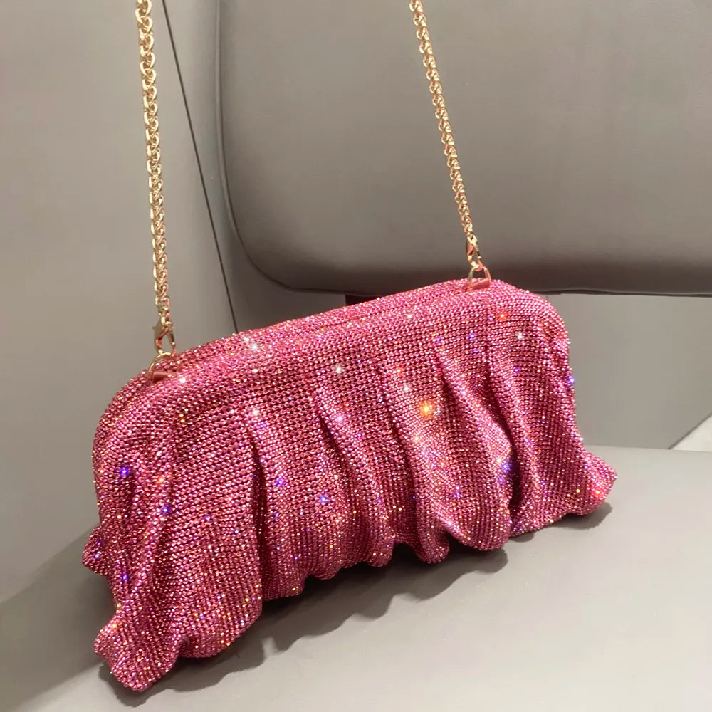Shiny handle Rhinestones Handmade Evening Clutch Bags New Folds Purses And Handbags Luxury Designer Wedding Party Pink