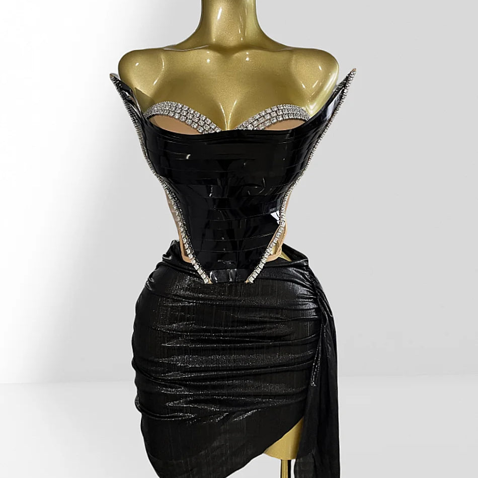 Fashionable Mirror Luxurious Rhinestone Lace -up Top And Mini Skirt Set 2 Pieces Woman Birthday Vestido Music Festival Outfit