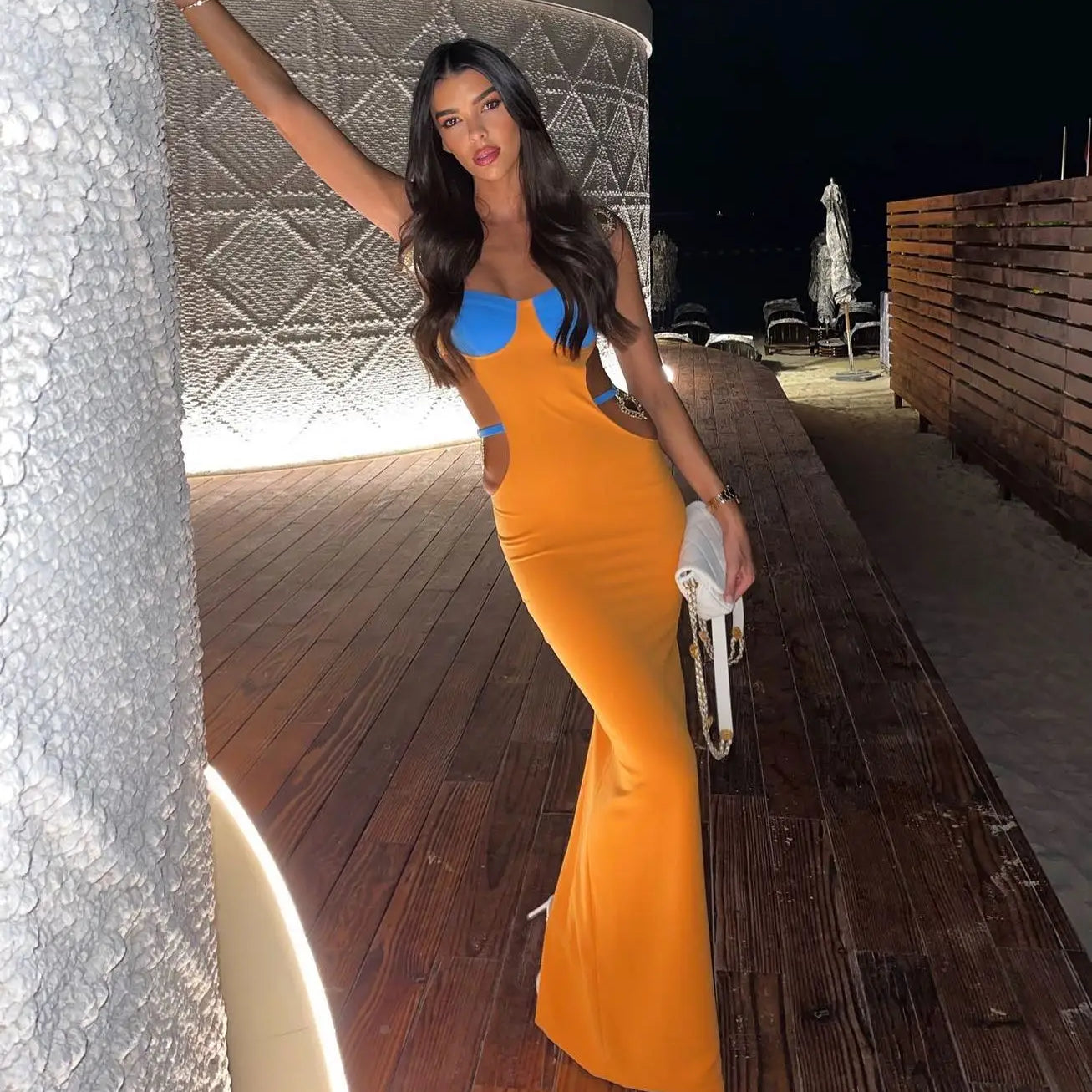 High Quality 3 Colors Women Sleeveless Sexy Sequined Hollow Out Bodycon Long Rayon Bandage Fashion Cocktail Birthday Maxi Dress