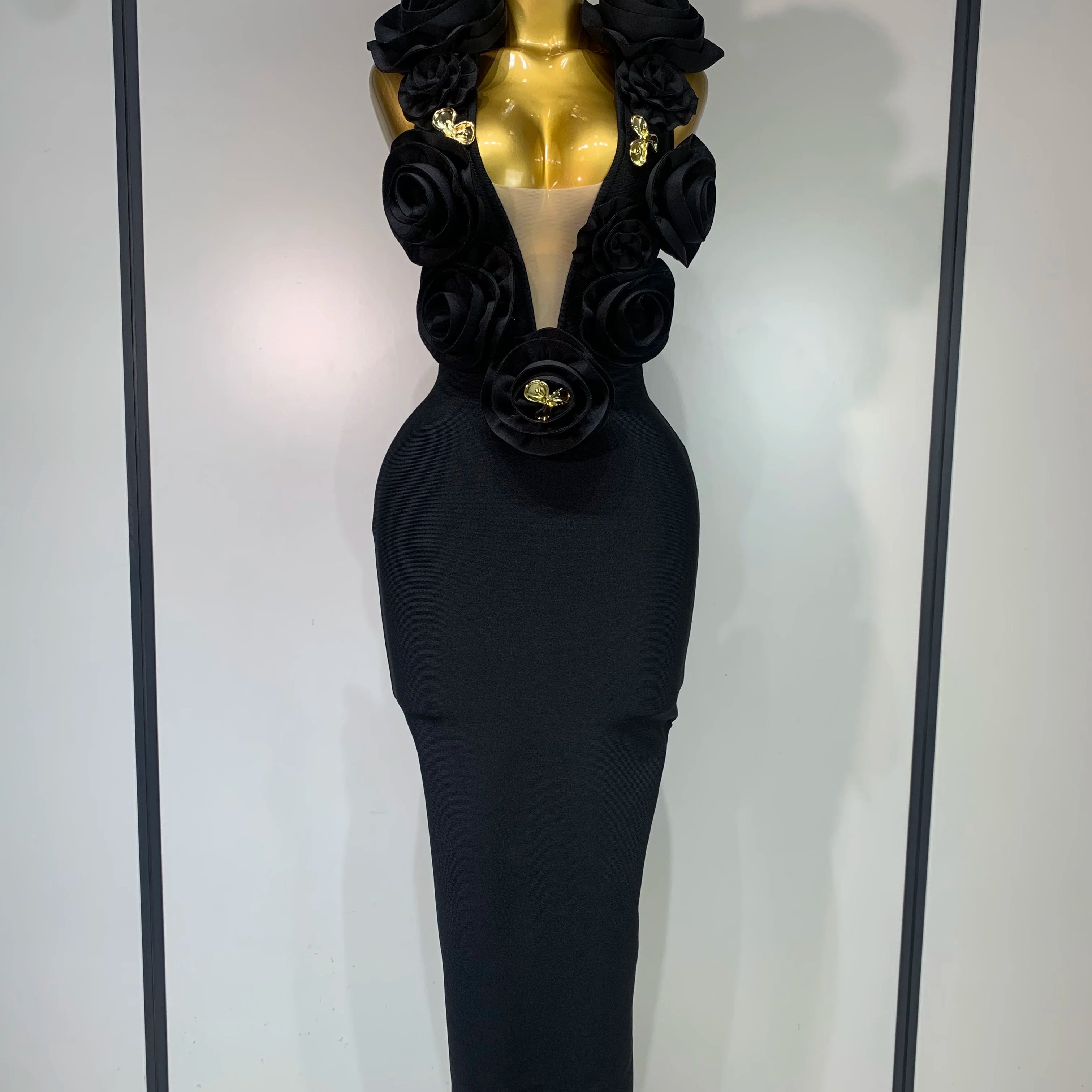 Fashion Black 3D Flower Bodycon Long Bandage Dress Celebrity Elegant Party Birthday Dress Women's Sleeveless Sexy Vestidos