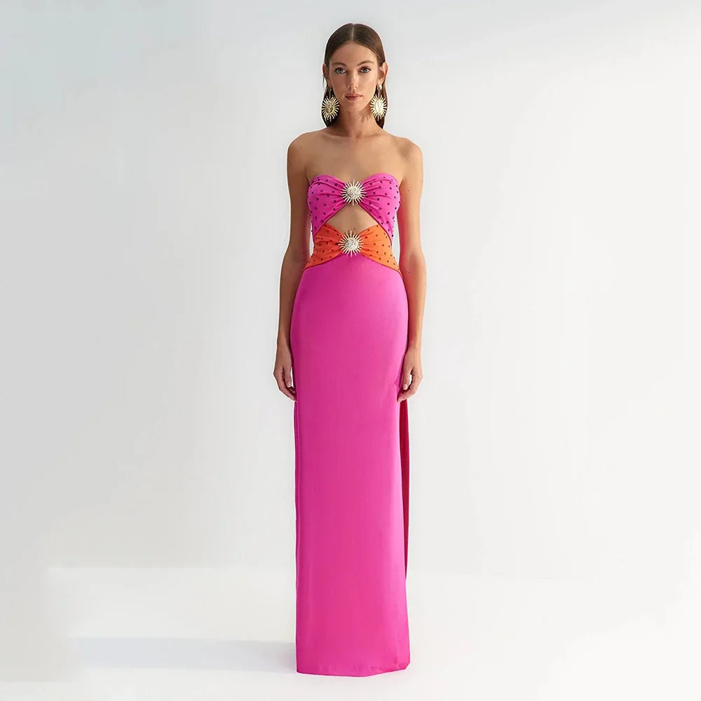 Ailigou New Summer Women's Sexy Strapless Hollow Diamond Tight Long High Split Bandage Dress Elegant Celebrity Party Dress Rose Red