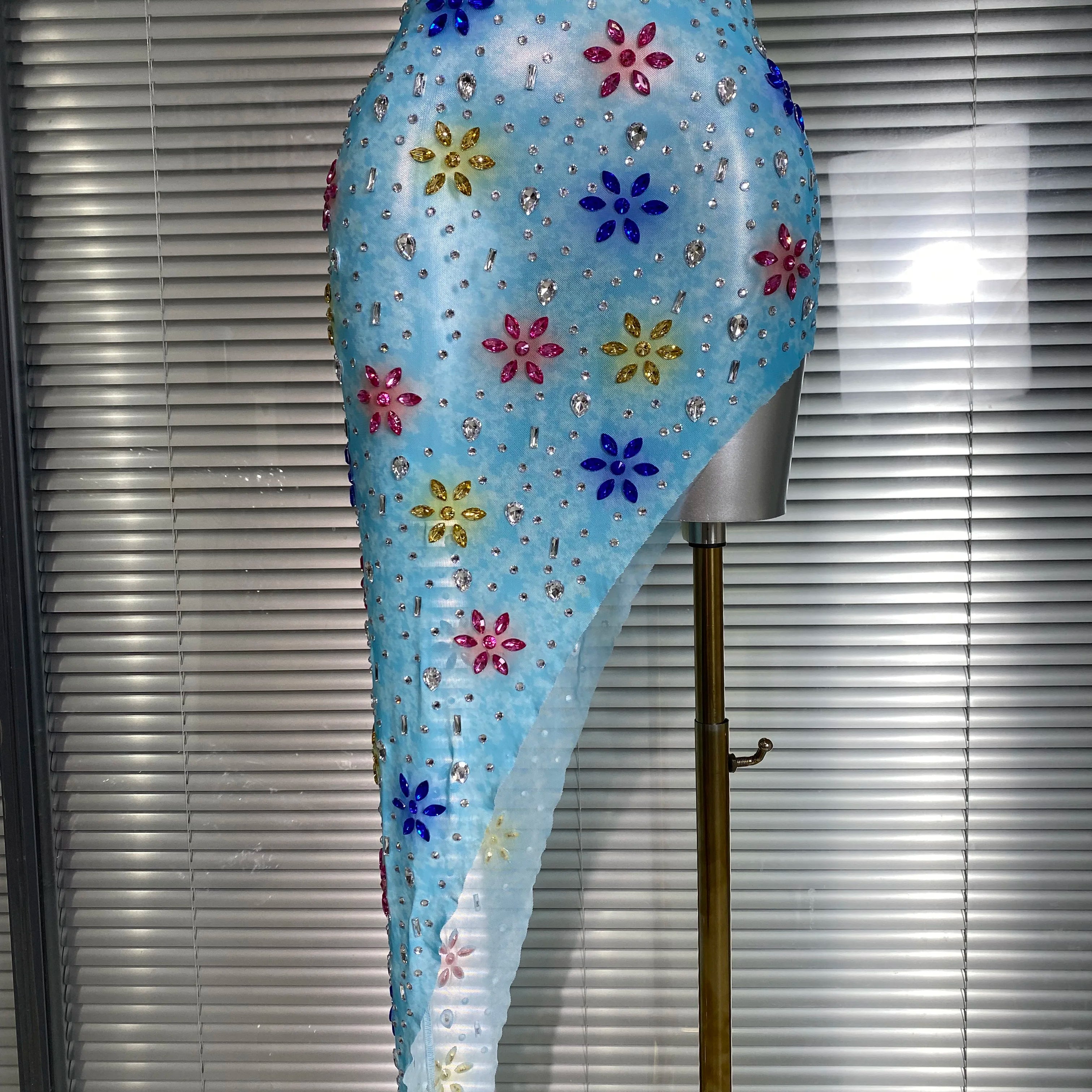 Women Sexy Mesh Crystal Diamonds Flower Blue Performance Costume Stage Dancer See Through Stretchy Night Club Party Dress
