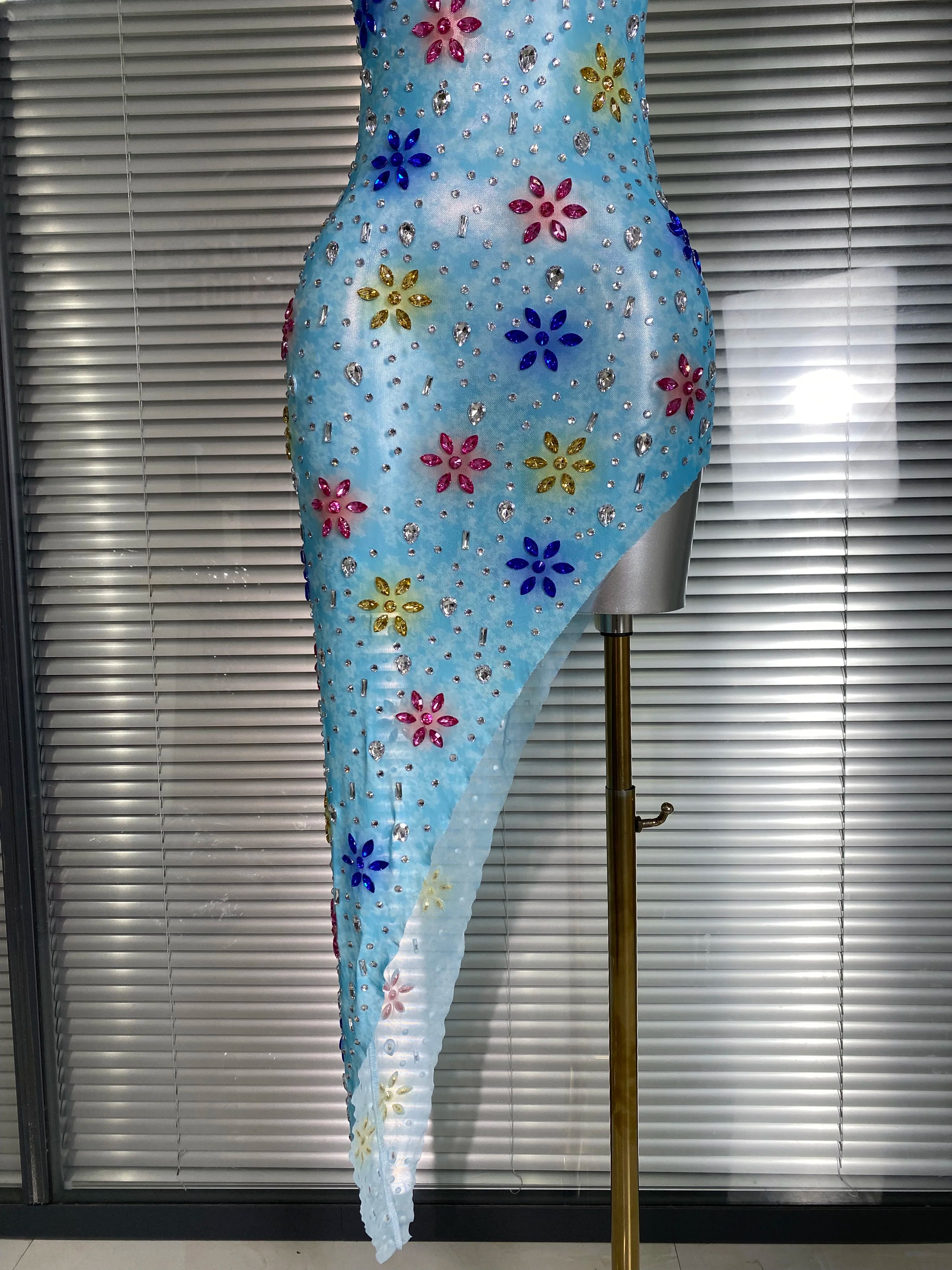 Women Sexy Mesh Crystal Diamonds Flower Blue Performance Costume Stage Dancer See Through Stretchy Night Club Party Dress