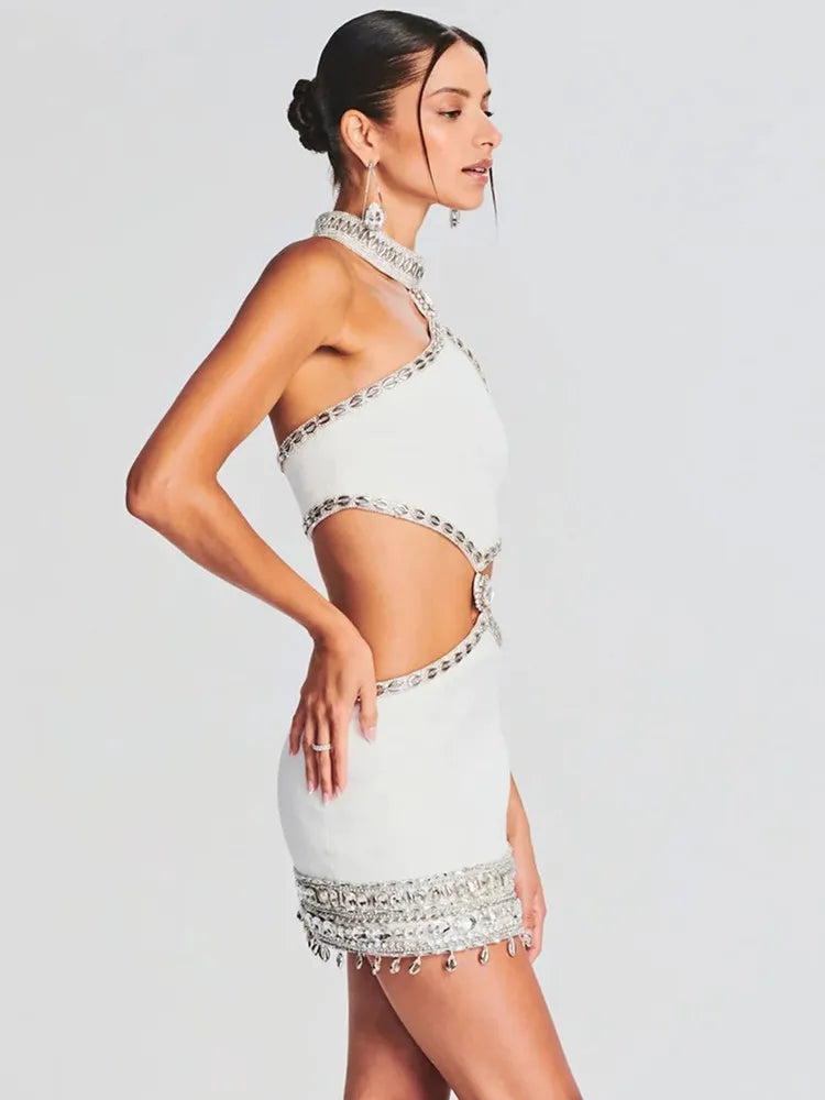 Vestido curto feminino sexy com recortes, decote halter, diamantes brancos, cristal, bodycon, bandagem, elegante, traje para festa noturna