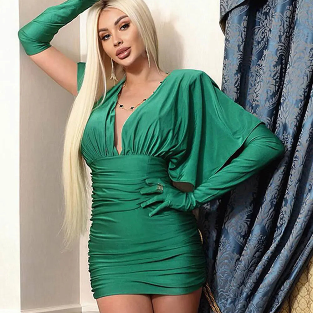 Women's Green Satin Dress Double Collar Bat Sleeve Glove Decoration Draped Loose Mini Dresses Cocktail Evening Party Vestidos