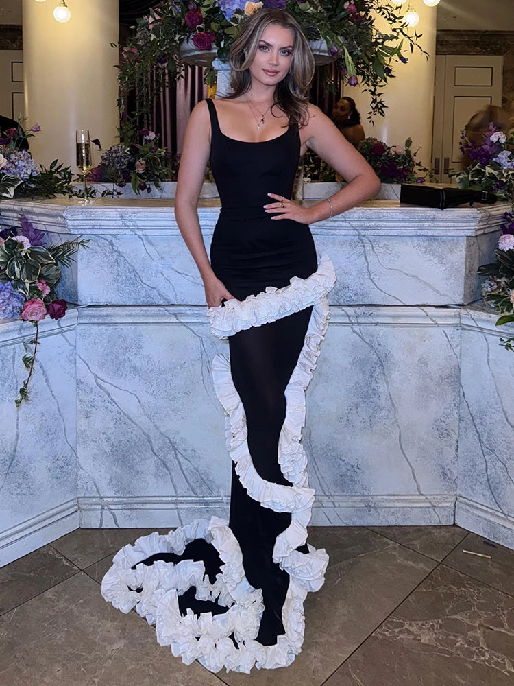 VC Artistic Black & White Strappy Dress Gown Ruffled Detailing for Creative Galas