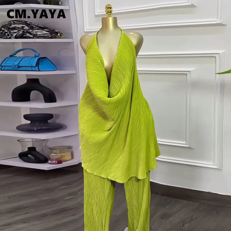 CM.YAYA Fashion Women's Set Deep V-neck Halter Top and Wide Leg Pants Suits 2025 Street Party Two 2 Piece Sets Outfits Tracksuit