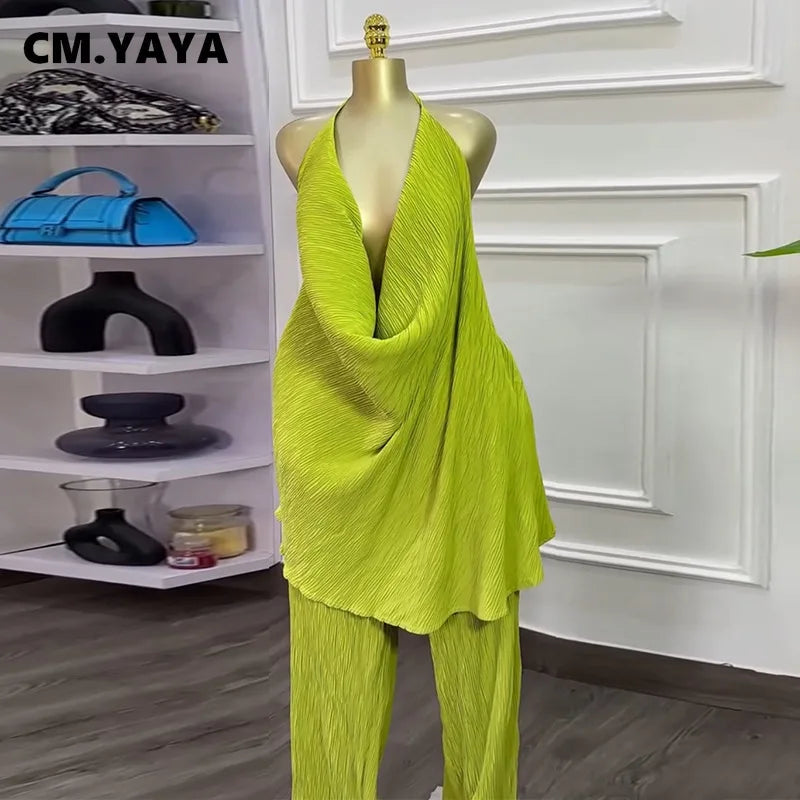 CM.YAYA Fashion Women's Set Deep V-neck Halter Top and Wide Leg Pants Suits 2025 Street Party Two 2 Piece Sets Outfits Tracksuit