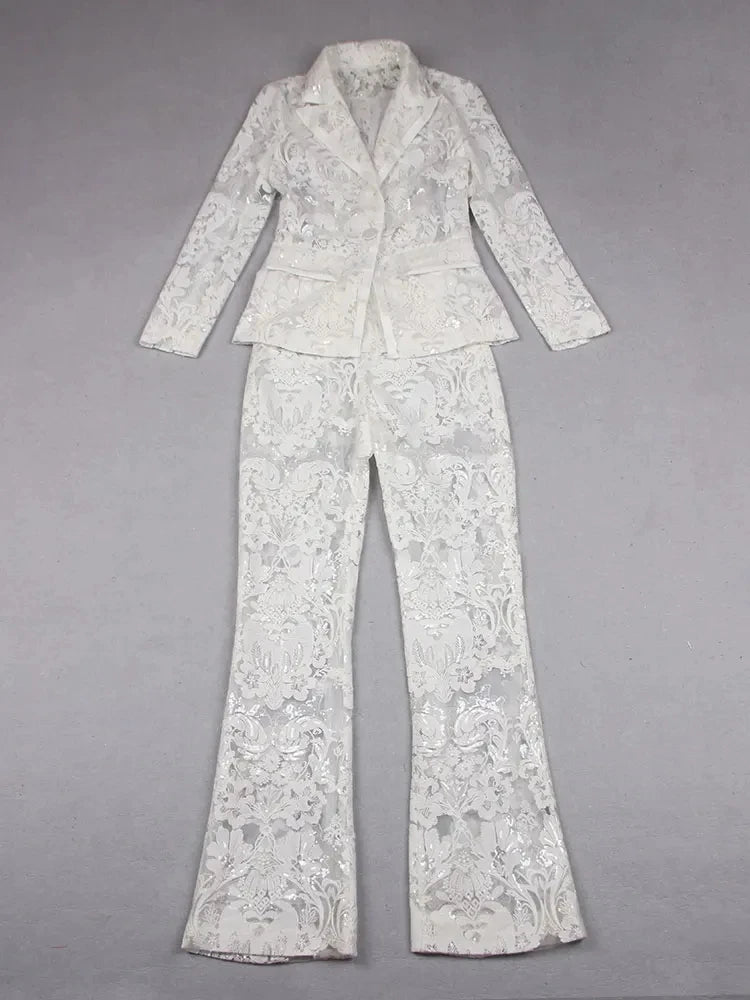Sexy Autumn Women's Sequin Perspective Suit Pants Set with Polo Collar Long Sleeve Slim Fit Suit Coat+Flare Pants Two Piece Set