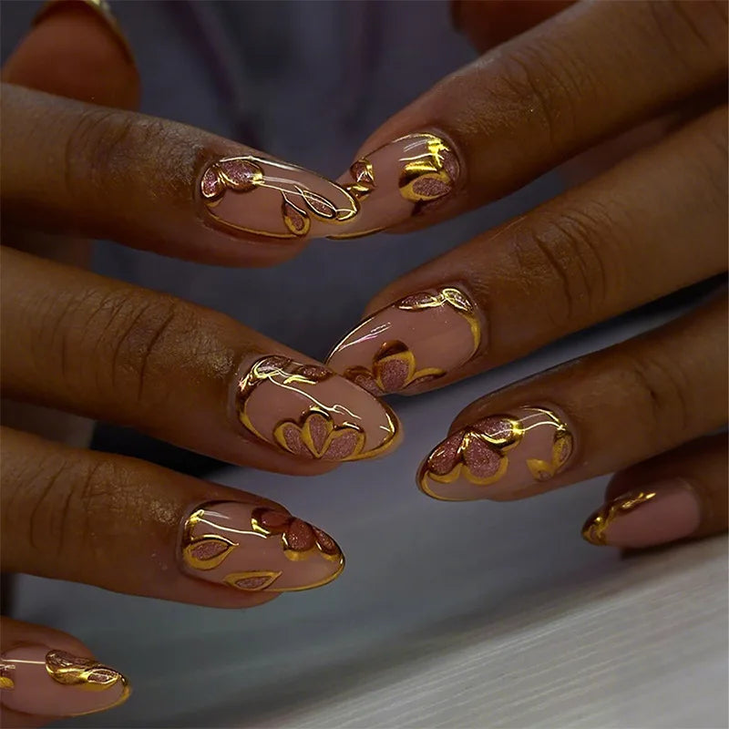 24Pcs Short Round Fake Nails with Gilding Flower Design Wearable Almond False Nails Tips Golden Lines Detachable Press on Nails