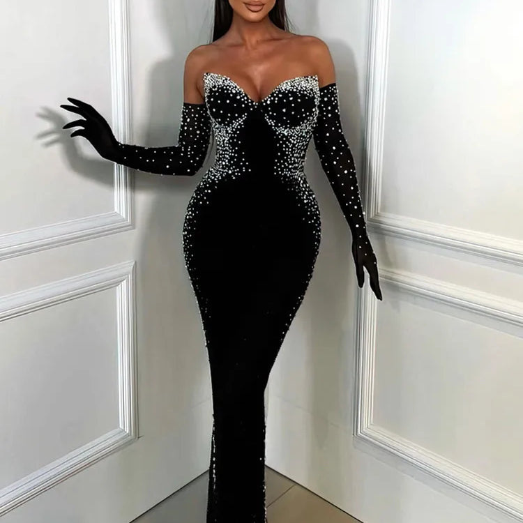 Sexy Strapless Backless Pearl Beading Black Long Bandage Women Celebrity Dress 2025 Elegant Party Evening Club Vestido Clothing