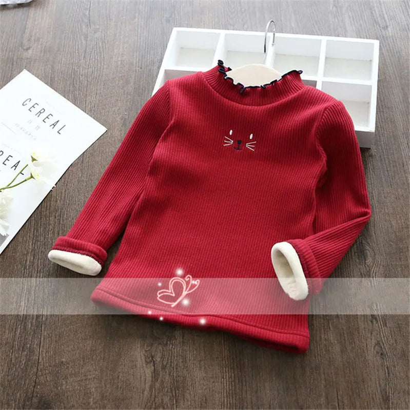 Fashion Girls Sweaters 2024 Winter Children Clothes Cartoon Kids Tops Warm Velvet Thick Kids Sweater Girls Outwear Sweater Wine Red