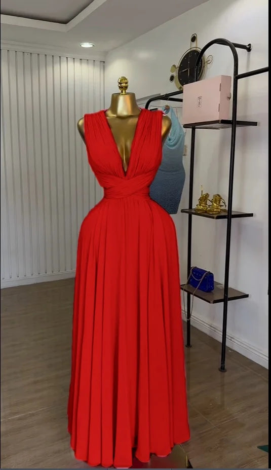 CM.YAYA Women Sleeveless Cutout Back Wrap V-neck Pleated A-line Chiffon Maxi Long Dress Birthday Vacation Sexy Party Dresses Red