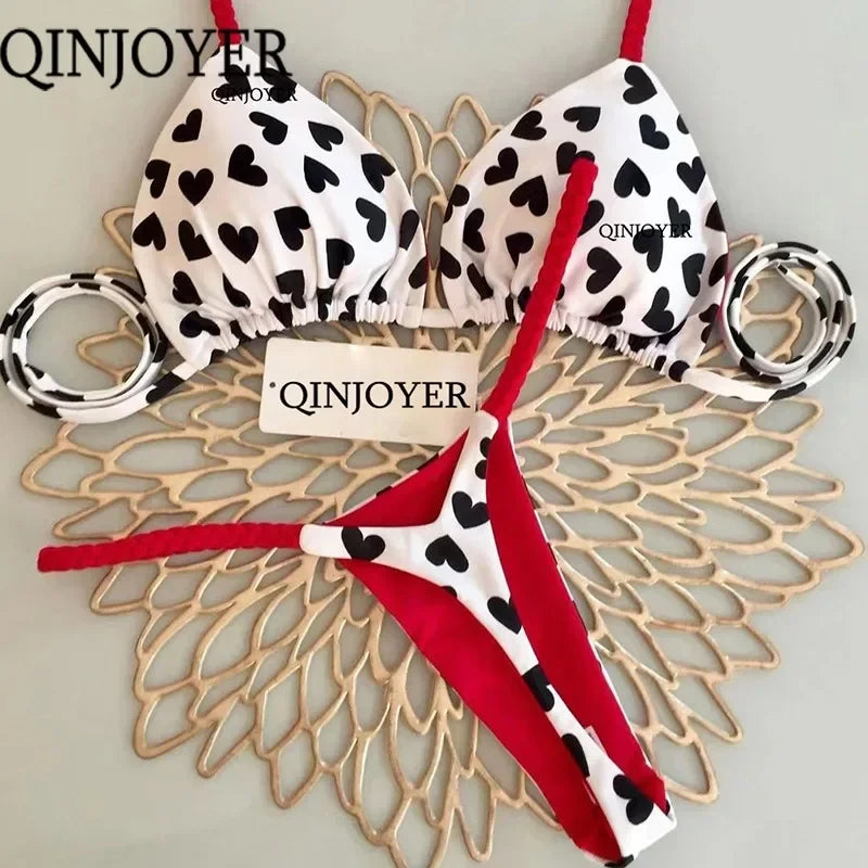 QINJOYER Pink Swimwear Women Brazilian Bikini Cute Heart Print Swimsuit Sexy Thong Bikini Set 2023 Bathing Suit Women Beachwear