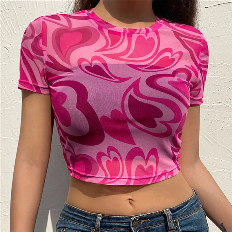 T-shirt Vrouwen Zomer Roze Hart Gedrukt Esthetiek See Through Mesh Koreaanse Korte Mouw Voor Zoete Kawaii Meisjes 2022 Crop top PURPLE