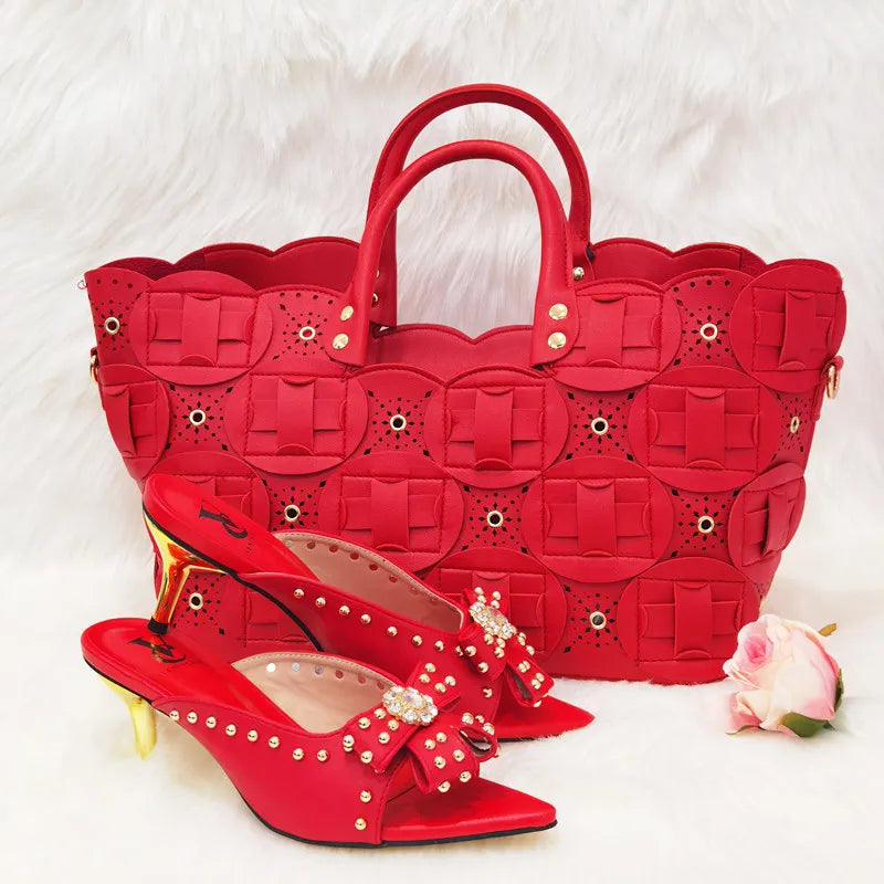 Metal Decoration Party Italian Ladies Shoes and Bags To Match Set Designer Luxury Shoes Women Shoes and Bag Sets for Women 913-red