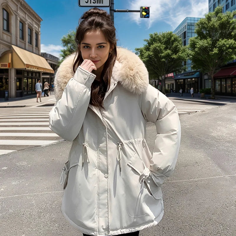 Winter Women's Jacket Female Fur Collar Thicken Warm Cinching Parka Coats Women's 2 Pocket Drawstring Waist Cotton Jacket Beige