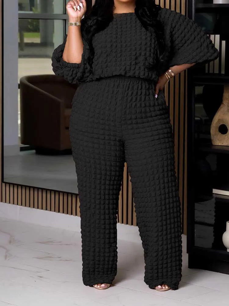 Curvy Plus Size Woman Clothing Fall Winter Long Sleeve 2 Piece Outfit Set Bubble Waffle Pleated Top and Pants Sets Elegant Suit