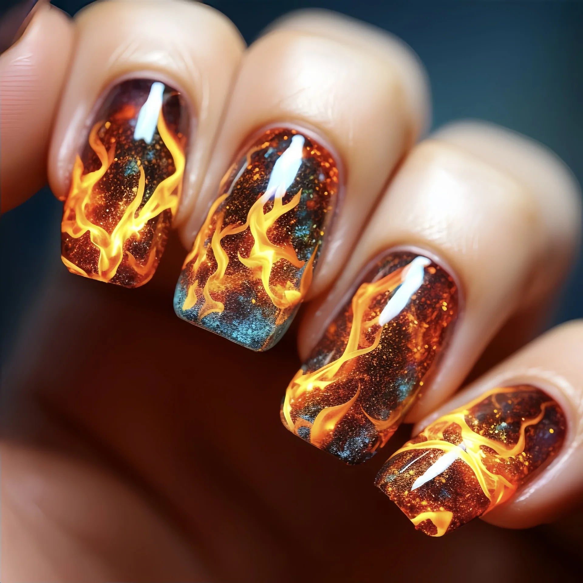24pcs/set Medium Square fake nails Gradient Aurora flame Lightning stripes starry sky faux ongles tips press on false nails art