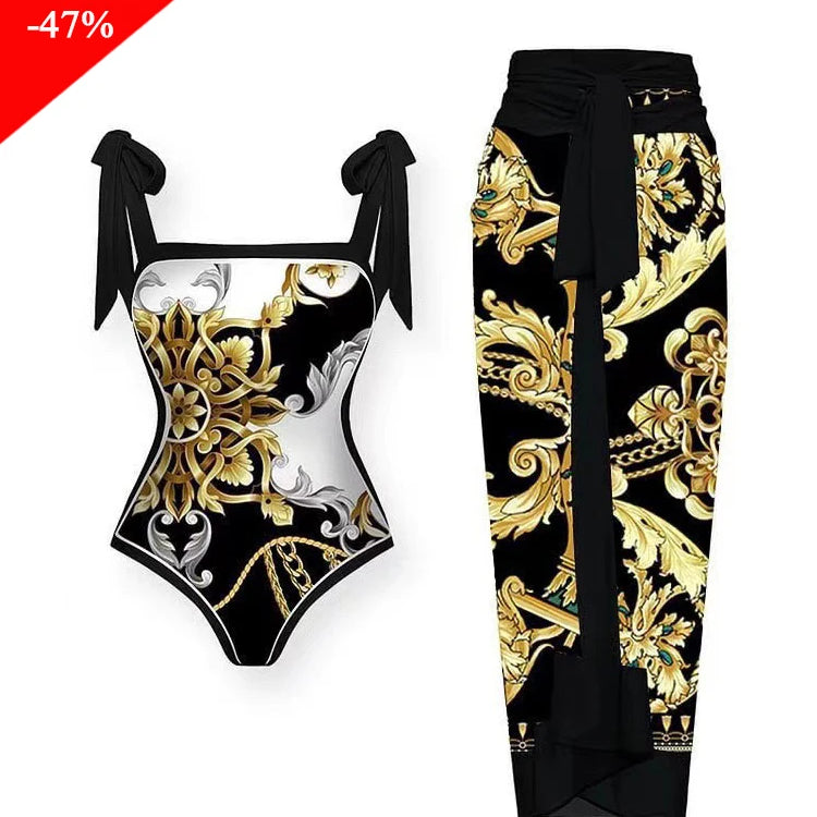 2024 New Fashion Double Sided Printed Lace Up One Piece Swimsuit Women 2023 Sexy High Waisted Lace Up Bikini Swimsuit Cover Up