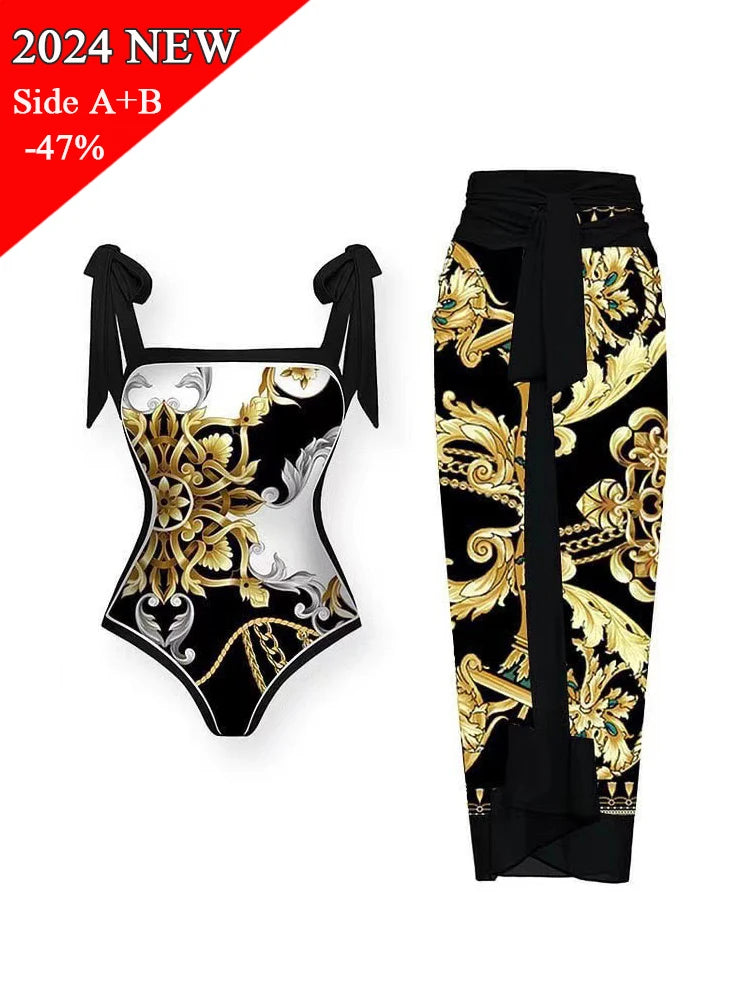 2024 New Fashion Double Sided Printed Lace Up One Piece Swimsuit Women 2023 Sexy High Waisted Lace Up Bikini Swimsuit Cover Up