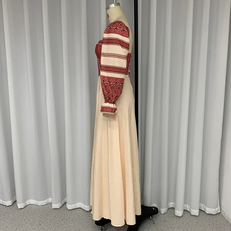 Wefads Women's Dresses Autumn Sexy Square Neck Long Sleeve Nipped Waist Printed High Slit Party Maxi Dress Elegant Streetwear