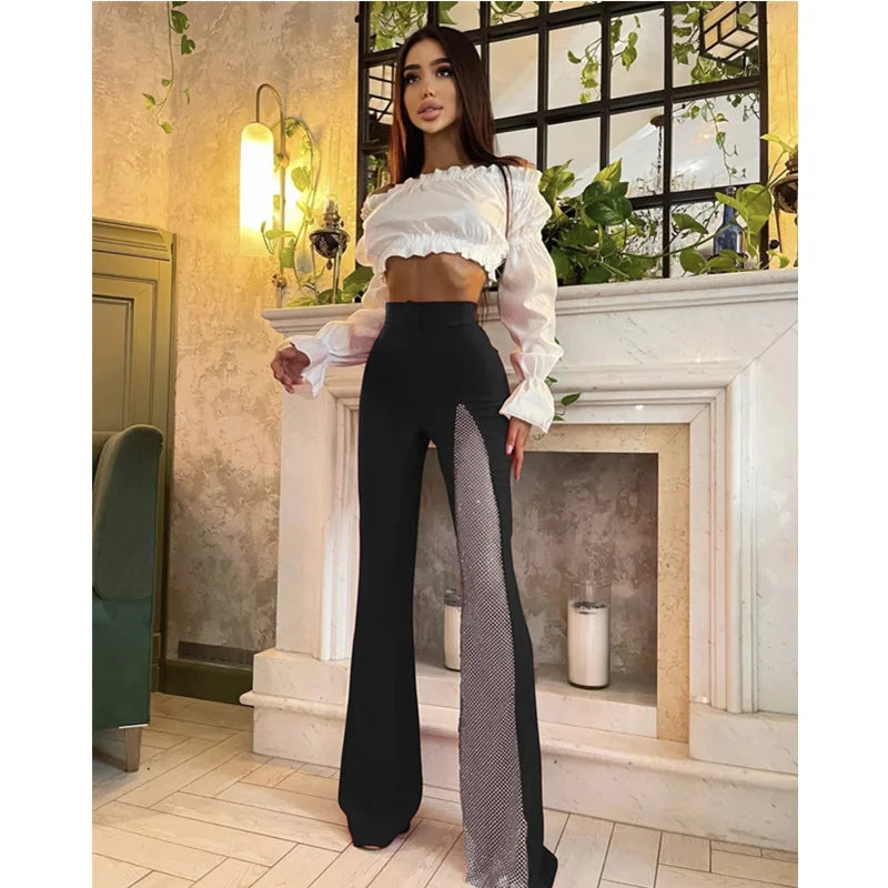 Black Red White New Summer Women Rayon Bandage Sexy Wide Leg Pants Fashion Diamond Keyholes Celebrity Wear Full Length Pant black