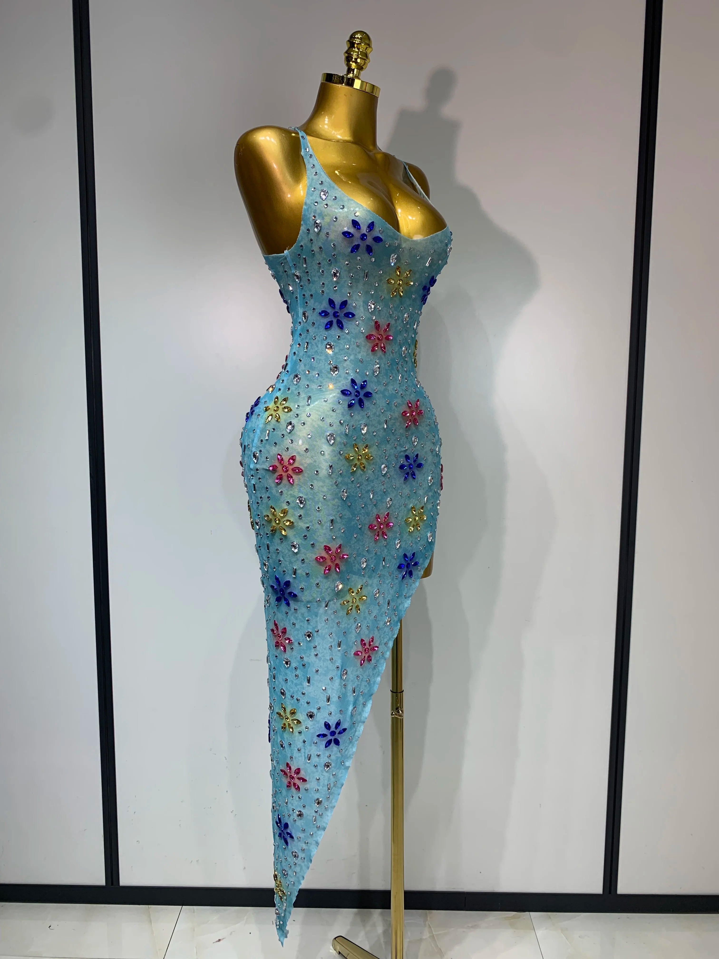 2025 Newest Sexy Mesh High Split Sparkly Diamonds See Through Dress Luxury Birthday Dress Women Celebrate Party Stage Outfit