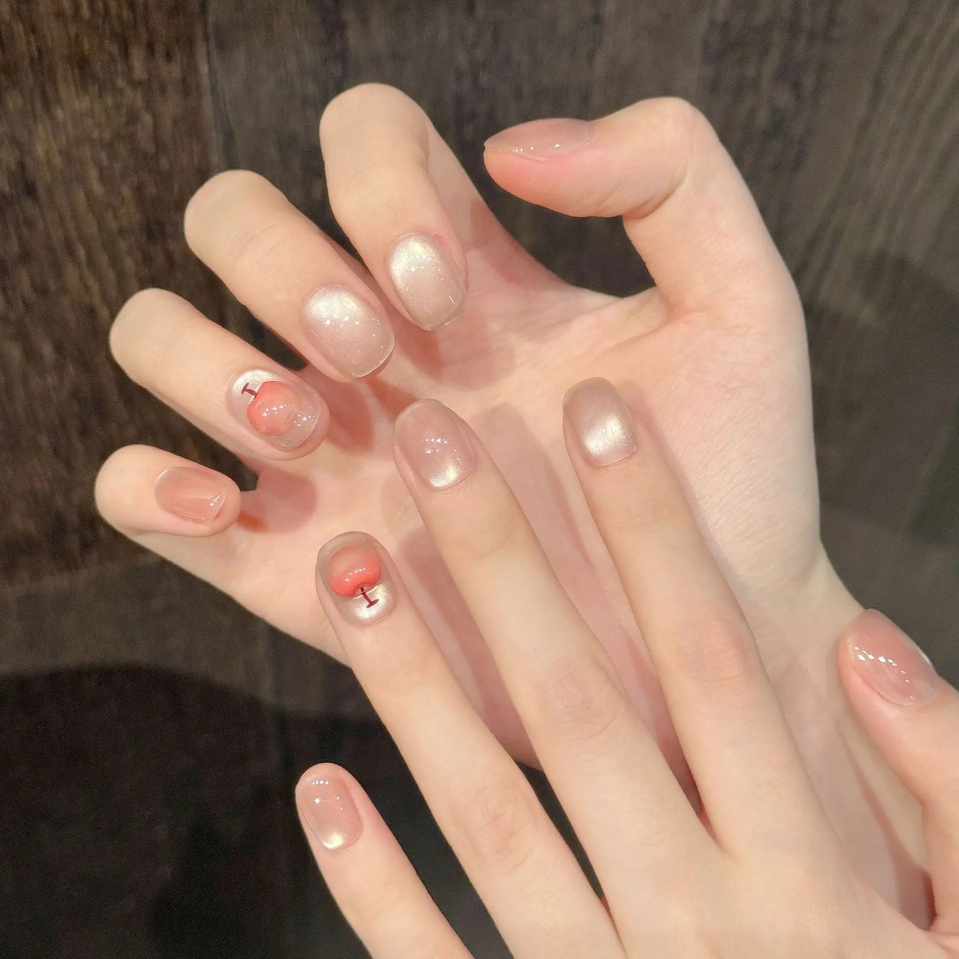 10pcs Handmade Fake Nail Art Short Oval Nails Tips Cute Cherry Bow Design Stick on Nail Detachable  Pink Press on Fake Nails Set