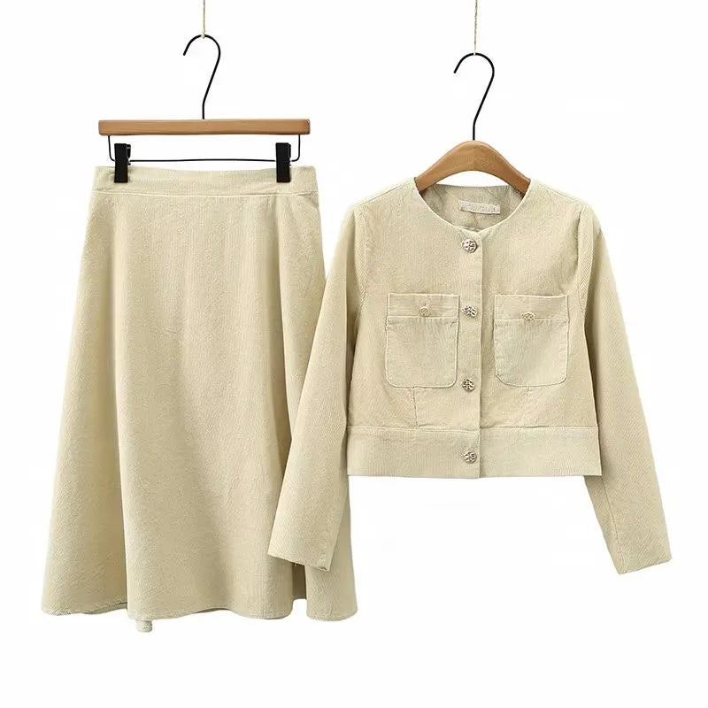 Plus Size Women's Clothing Spring And Autumn Suit Long-Sleeved Short Jacket In Corduroy Fabric And Knee Length Skirt Combination