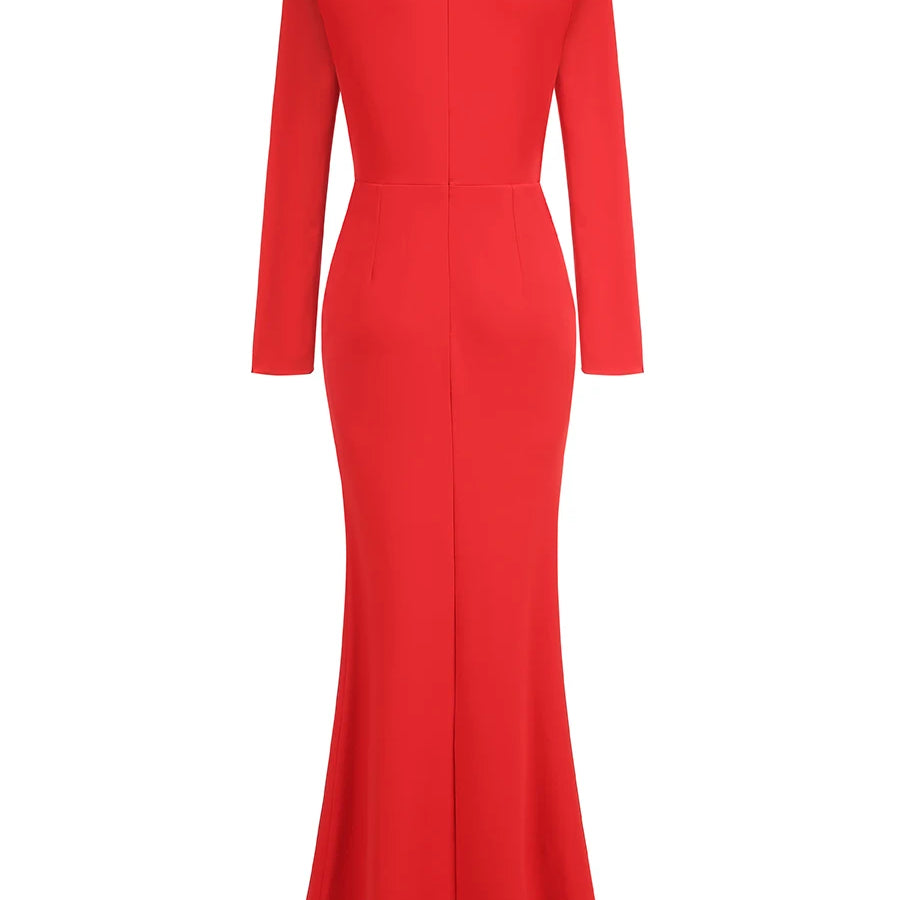 Vestido longo colado, preto, vermelho, branco, feminino, manga longa, sexy, decote em V, cristal brilhante, elegante, festa à noite, roupa de comemoração