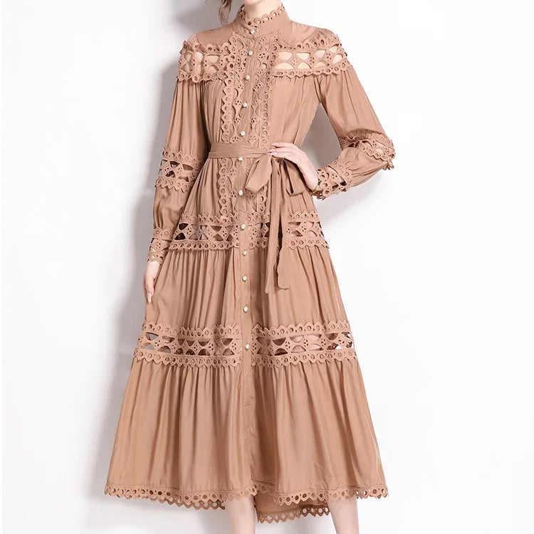 Spring Autumn Stand Collar Lace Hollowed Out Single Breasted Dress Women's Vintage Elegant Full Sleeve Rnnway Long Dress