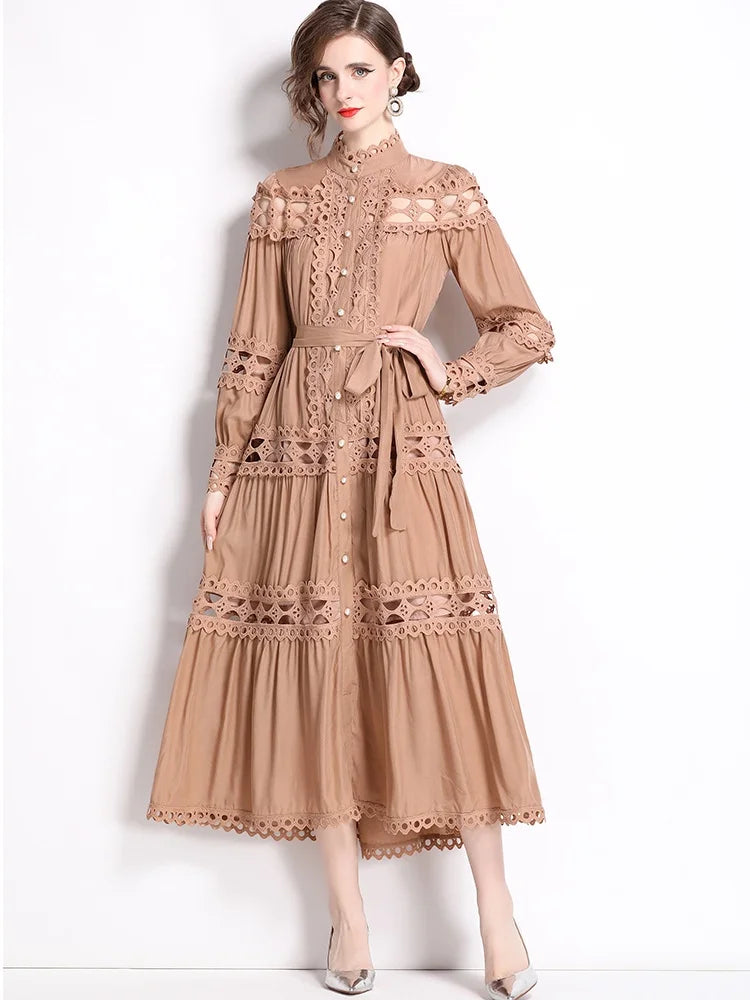 Spring Autumn Stand Collar Lace Hollowed Out Single Breasted Dress Women's Vintage Elegant Full Sleeve Rnnway Long Dress