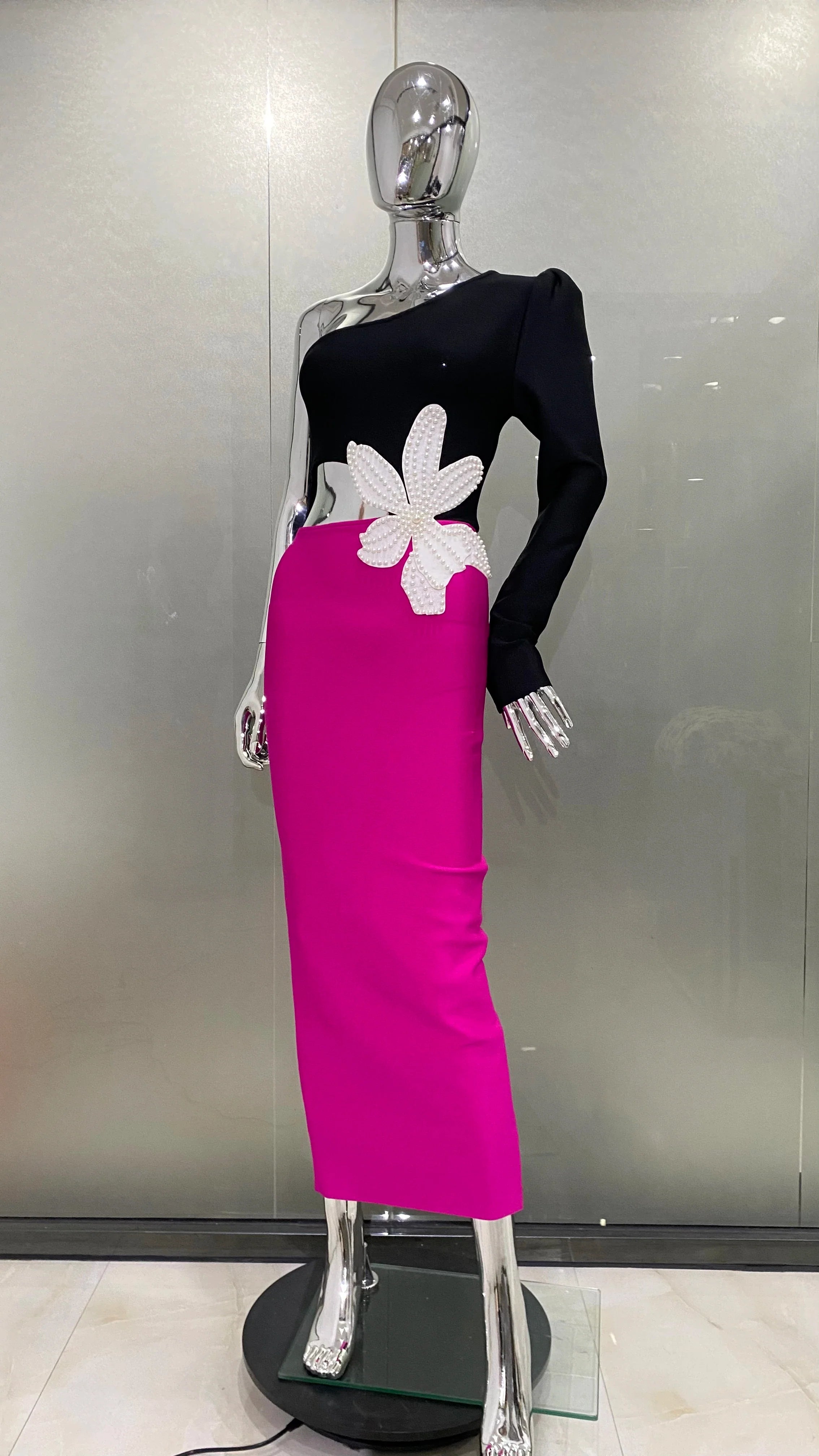 2 Colors Women Sexy One SHoulder Beading Florals Bodycon Bandgae Long Dress Celebrate Fashion Evening Party Birthday Dress