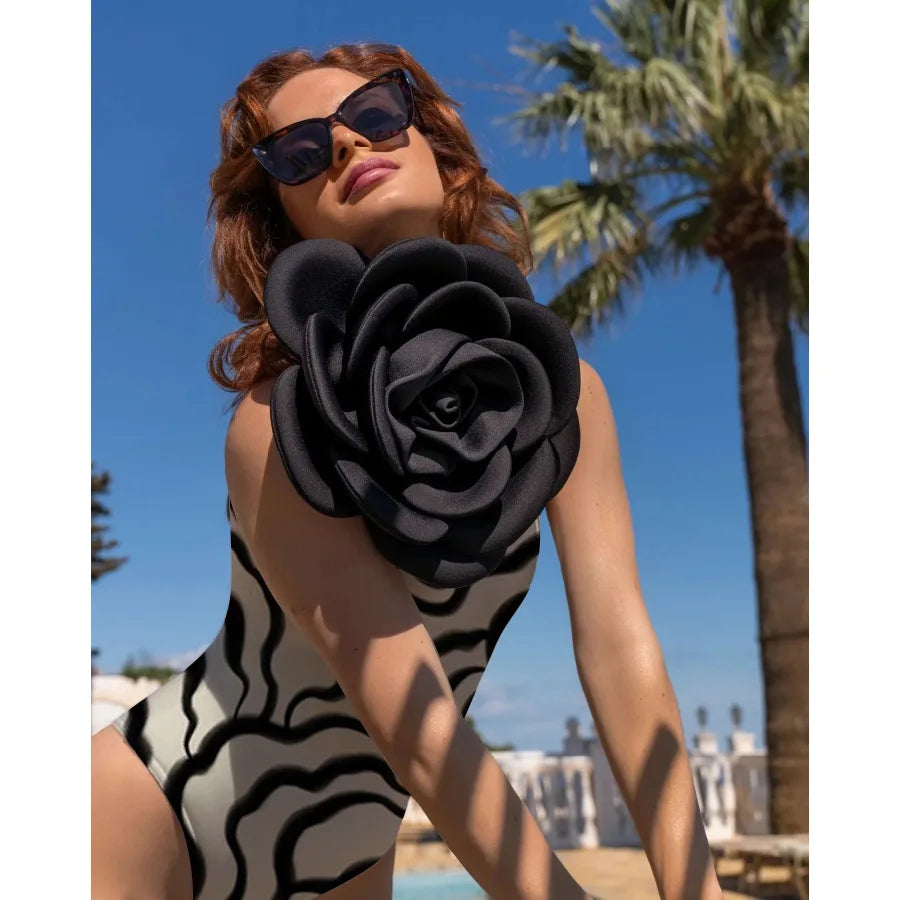 Solid Yellow Women Sexy 3D Flower One Piece Swimsuit Swimwear Off Shoulder Beachwear Summer Monokini Surf Wear Bathing Suit D-one piece