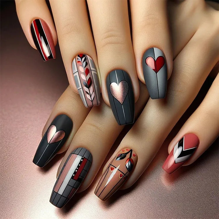 24pcs/set Meduim long fake nails for women peach flowers heart for Spring summer Square faux ongles press on false nail art tips