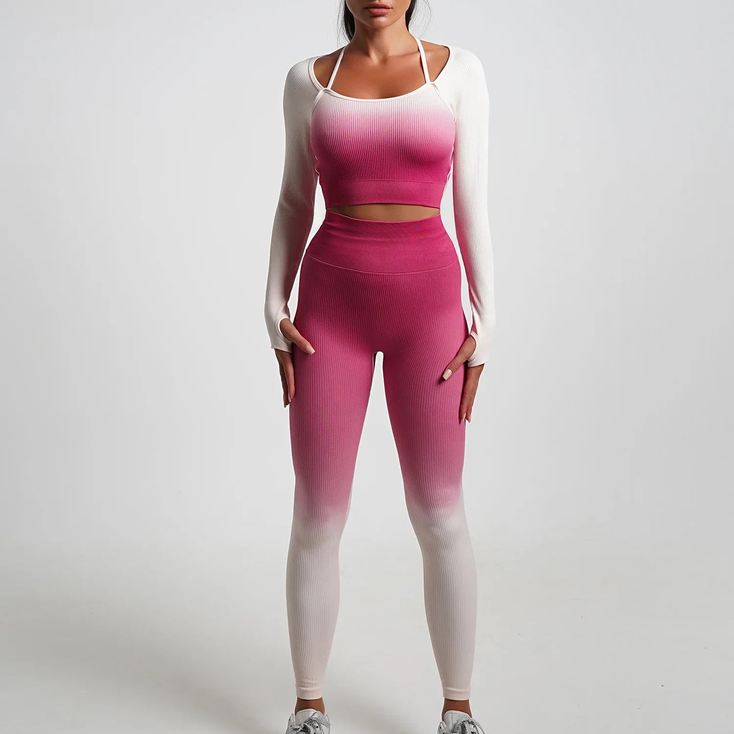 Seamless Gradient Yoga Sets Sports Fitness High Waist Hip-Lifting Pants Long-Sleeved Suits Workout Gym Leggings Sets for Women Rose red A