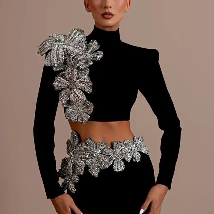 Women Sexy Long Sleeve Flower Diamonds Black Mini Two Pieces Skirt Bandage Set 2025 Celebrity Designer Fashion Women's Set