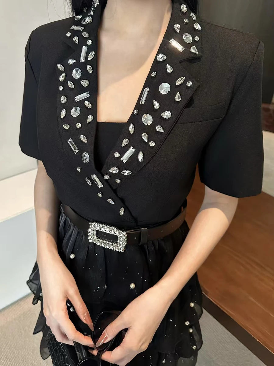 TWOTWINSTYLE Solid Spliced Bead Belt Elegant Dresses for Women Lapel Short Sleeves Patchwor Ruffles Dress Female Clothing New