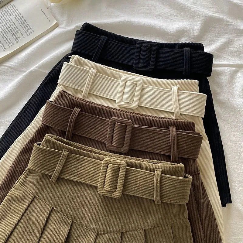 Pleated Mini Skirts Women Japan Students Corduroy Preppy Style Autumn Winter Basic Solid Bottoms Chic Vintage JK Slim All-match
