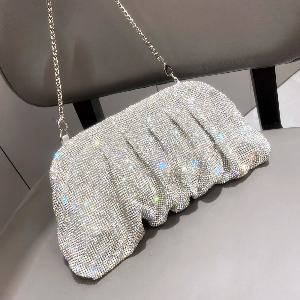 Shiny Rhinestones Handmade Evening Clutch Bags New Folds Purses And Handbags Luxury Designer Wedding Party High Quality Silver