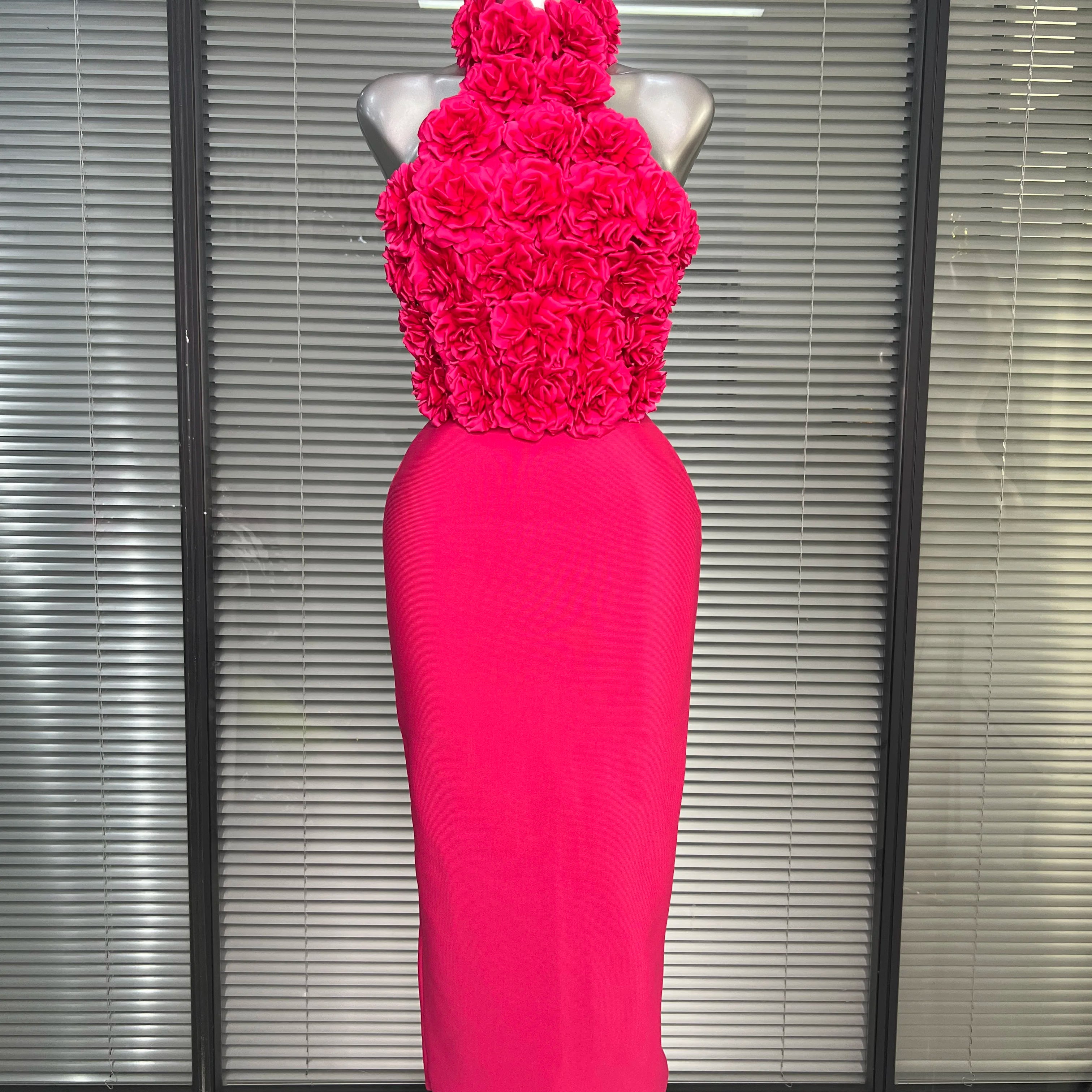 Women Sexy Hot Pink Flower Halter Long Bodycon Bandage Dress Birthday Backless Celebrity Party Dress