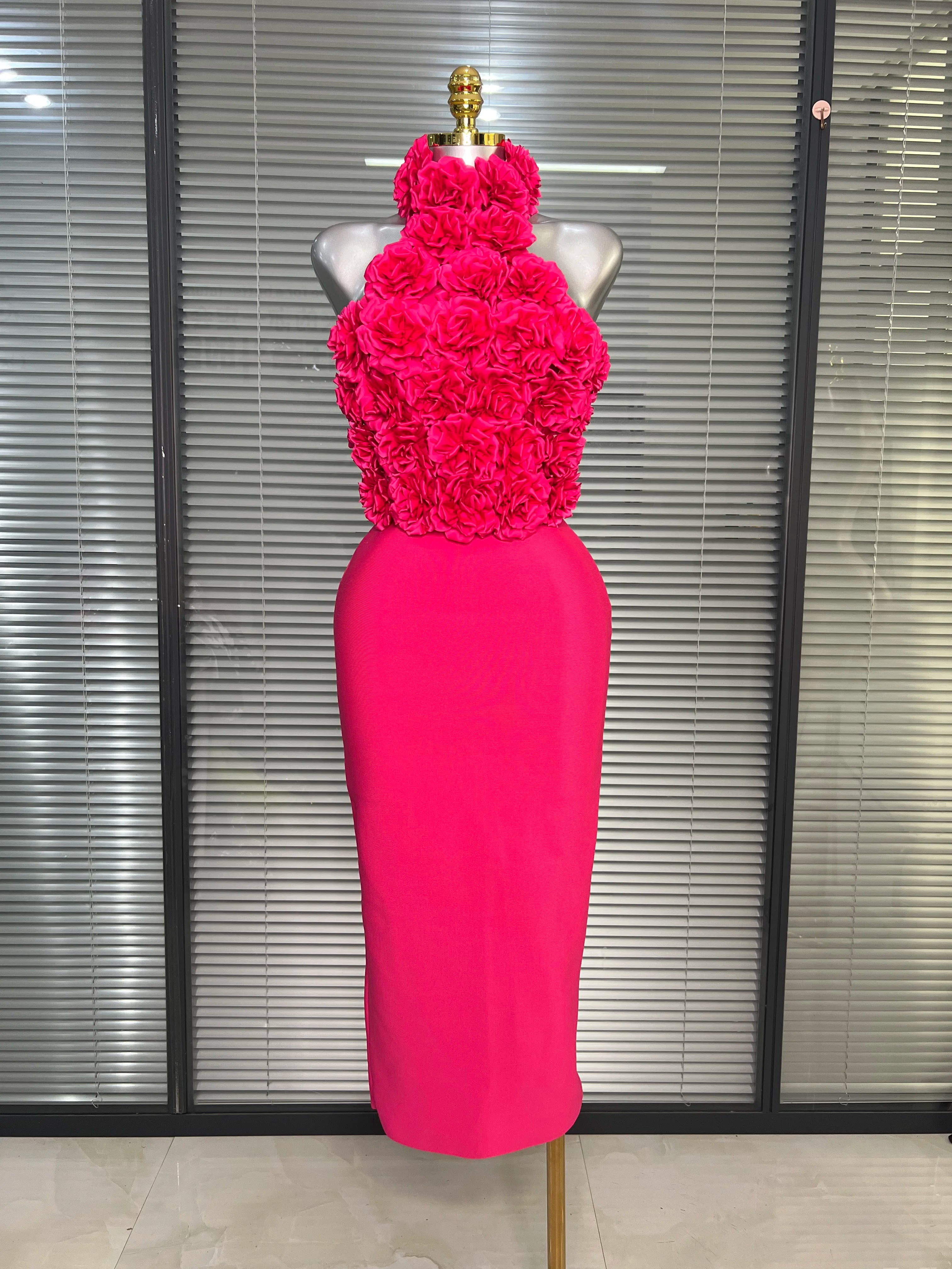 Women Sexy Hot Pink Flower Halter Long Bodycon Bandage Dress Birthday Backless Celebrity Party Dress
