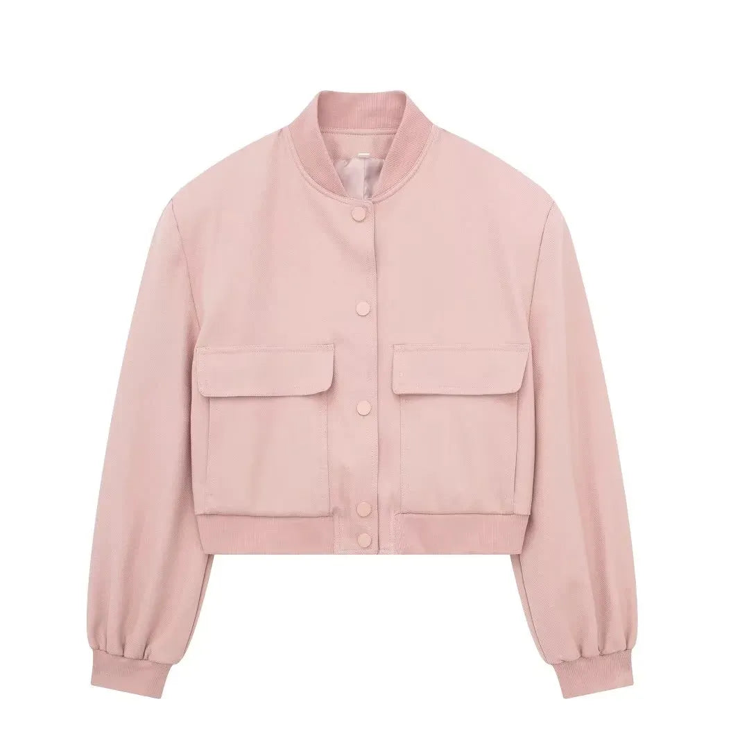 Vintage Solid Long Sleeve Bomber Jacket Spring Women Casual Coats Streetwear Female Elegant Lapel Zipper Jakcet Dusty Pink
